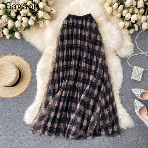 Gagaok Vintage Elegant Women Skirt 2021 Spring Autumn New Empire A-Line Midi Mess Plaid Clothes Korean Chic Wild Fashion Skirts