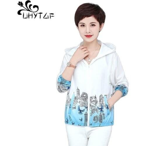 UHYTGF Womens Summer Jacket Fashion Print Thin Sun Protection Clothing Hooded Casual Short Coat Female Slim Plus Size Tops 2189