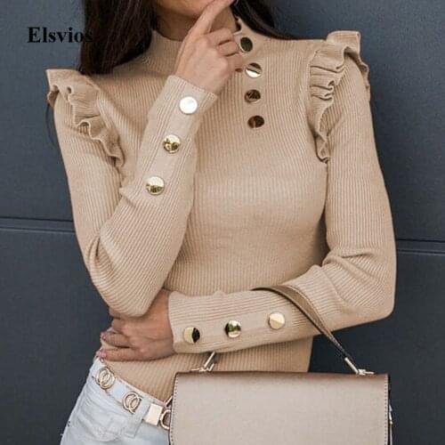 Autumn Winter Turtleneck Button Rib Knit Blouse Sexy Hollow Out Office Lady Tops Shirts Women Ruffle Long Sleeve Pullover Blusas