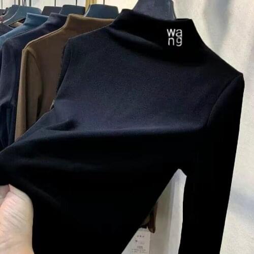 2021 Autumn New Women Fashion Long Sleeve Turtleneck Solid Skinny T Shirt Letters Embroidery Brand Tops Casual Camiseta Mujer