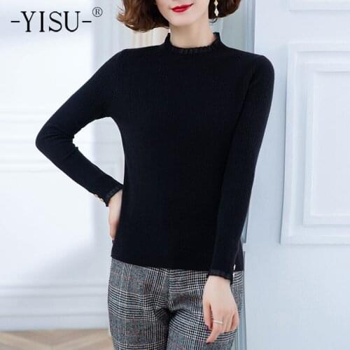 YISU Women Simple Lace Spring Sweater Solid color Half turtleneck Long sleeve Jumper Female Casual All-match Knitted Pullover