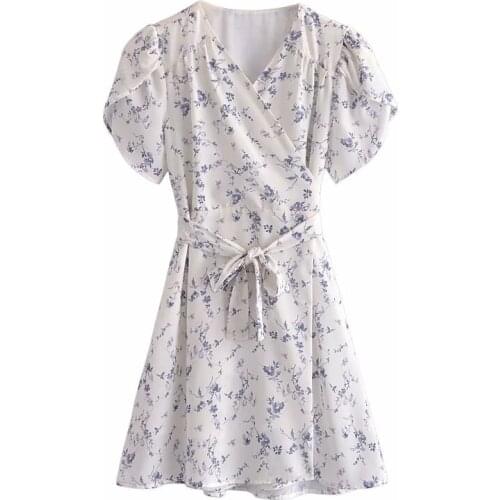 New Pop Women Dress Printed Crossover V-neck Sashes Short Sleeves Mini Dress Elegant Femme Robe Ropa Mujer Vestidos