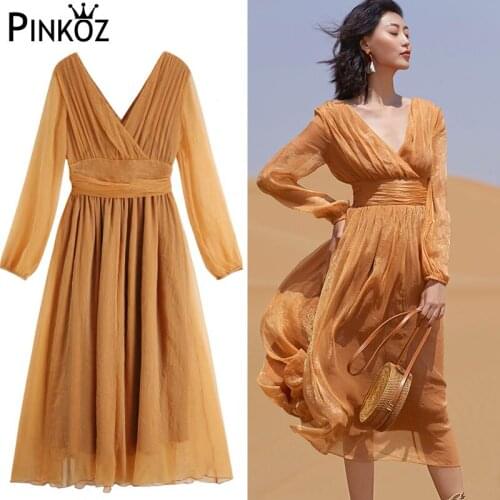 Pinkoz Long Sleeve Bohemian Maxi Dresses for Women Lace V Neck Sexy Beach Dresses Pure Color Elegant Midi Dress Vestidos