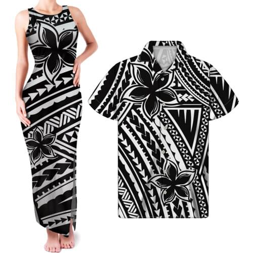 HYCOOL Womens Sexy Sleeveless Evening Dresses Ladies Summer Casual Black Maxi Bodycon Dress Polynesia Print Plus Size Couple Set