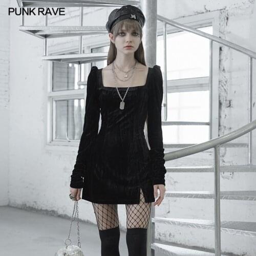 PUNK RAVE Womens Textured Pleated Velvet Square Collar Package Hip A-Line Dress Gothic Daily Party Club Sexy Black Dress Women