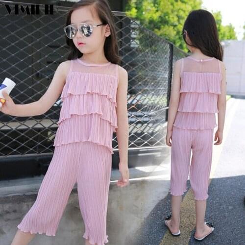 2019 New Girls Chiffon Set Sleeveless Vest Top Pants 2 Piece Set Pink Pleated Suit Kids Clothing 4-12 Years Old For Girls