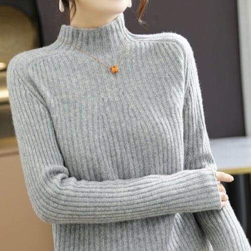 2021 autumn and winter new style 100% wool womens half high collar solid color loose short pullover all-match sweater