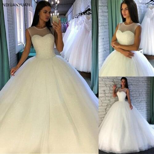 Shining Sequin Tulle Jewel Neckline Ball Gown Wedding Dress With Beadings Sleevelss Bridal Gowns vestido de festa longo
