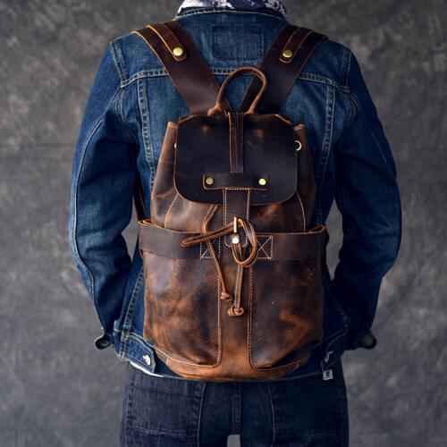 Large capacity man travel bag mountaineering backpack handmade Oil Genuine Leather drawstring bucket shoulder bag Daypack Male