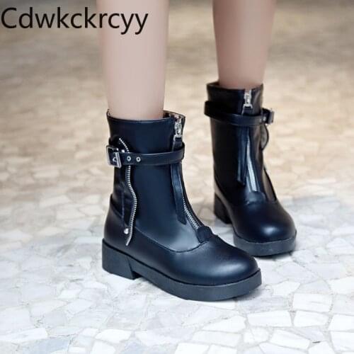 Winter The New fashion Round head Fang He Martin boots black white British style Plus velvet Keep warm High heel Women boots