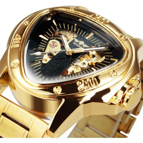 WINNER Golden Triangle Military Skeleton Watch for Men Mechanical Wristwatches Irregular Automatic Stainless Steel Strap relogio