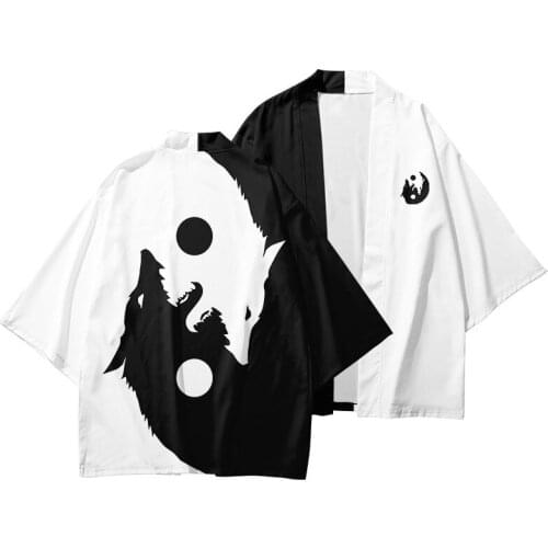 Summer Loose Japanese Black White Robe Cardigan Women Men Harajuku 3D Printed Wolf Kimono Sun Protection Shirt