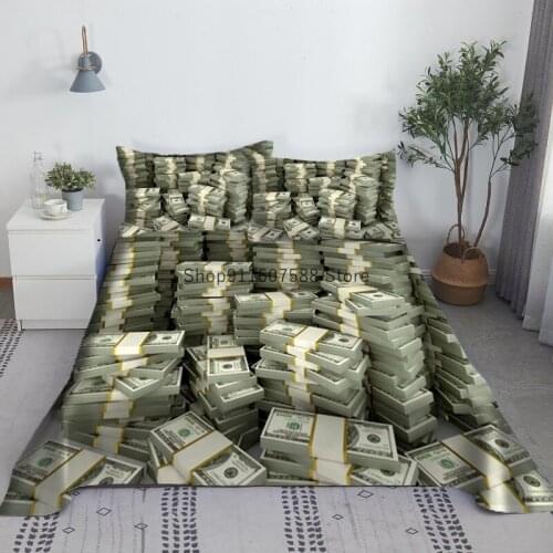 The Greenback Bed Sheet Set 3D Printed Dollars Polyester Bed Flat Sheet With Pillowcase Bed Linen King Queen Size Fashion Design