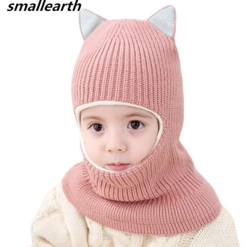 Cute Cat Ears Boys Girls Hat Beanie Baby Winter Warm Plus Velvet Thick Knitting Hats Collar Children Windproof Wool Cap Scarf