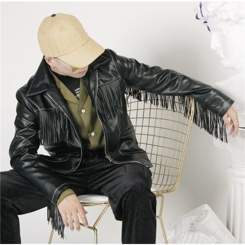 XS-6XL Men Womens clothing Hair Stylist fashion Punk tassel Lapel PU leather Jacket Lovers plus size costumes