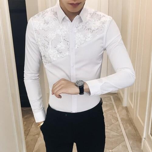 2021 Spring Shirt Men Sexy Lace Patchwork Men Shirt Long Sleeve Brand New Camisa Masculina Slim Fit Streetwear Prom Tuxedo 3XL