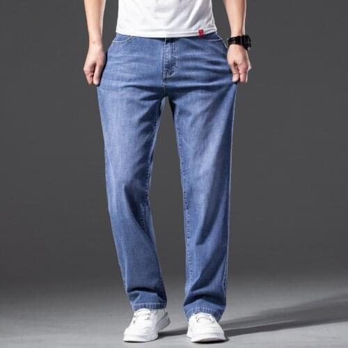 Mens Thin Straight-leg Loose Jeans Summer New Classic Style Advanced Stretch Loose Pants Blue Colors Available Size 35 42