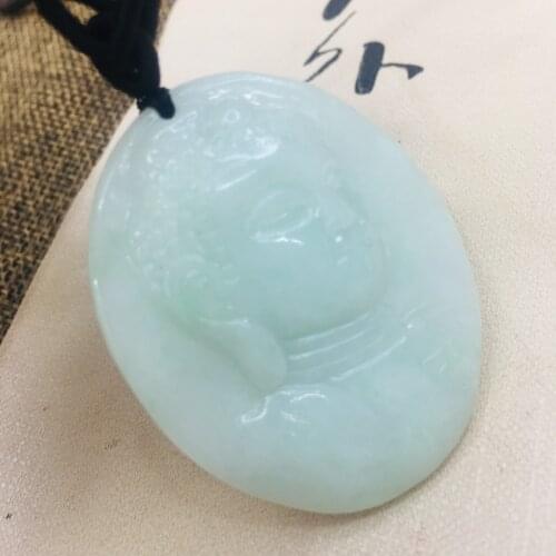 Natural Burmese Emerald Jade Carved Elliptical Buddha Head Pendant with Tri-Color Bead Necklace Men and Women Sweater Chain