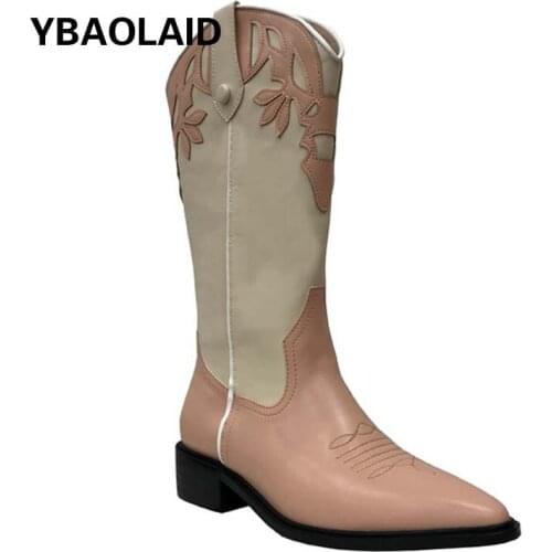 Spring and Autumn New Pointed Toe Color Matching Embroidery Retro V-mouth Thick Heel But No Knee Mid-tube Knight Cowboy Boots