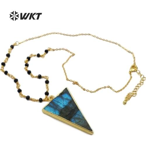 WT-N1167 WKT Gold Electroplated Triangle Labradorite Pendant Necklace Fashion Necklace Jewelry 18 Inch +2 Inch Extend Chain