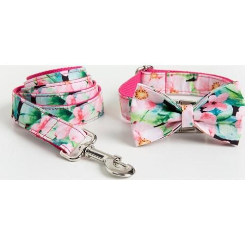 Personalized Pink Flowers Pet Dog Collar and Traction Rope Tie Set Fashion Custom Pet Dog Leash Bow For Small Medium Large Dogs