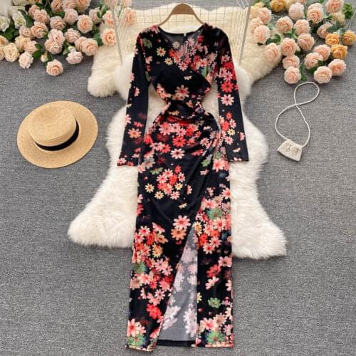 SINGREINY Women Retro Print Dress Elegant French Long Sleeve V Neck Slim Dresses 2021 Autumn Sexy Split Streetwear Long Dress