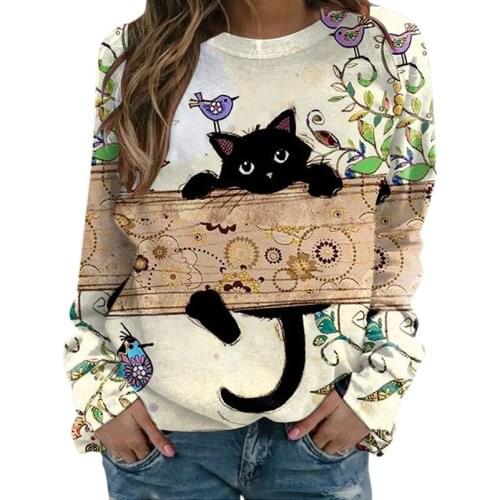 Funny Cute Cat 3D Print Casual Pullovers Women Clothes Spring Autumn Sweatshirts Long Sleeve T-Shirts Lady Clothing Fashion Tops