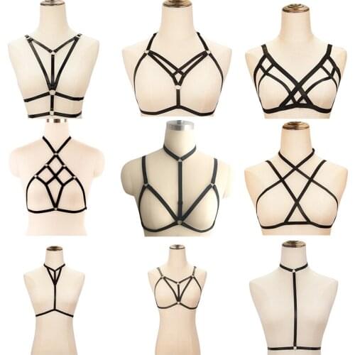 Sexy Tops Harness Bra Women Fetish Bondage Lingerie Harajuku Pole Dance Lingerie Black Leg Garters Gothic Body Cage Bralette