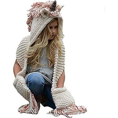 Cute Warm Children Winter Hooded Knit Hat Boys Girls Crochet Hats Animal Beanies Scarf Neck Warmer