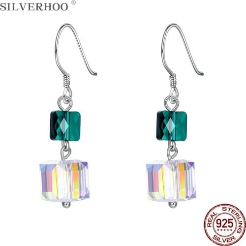 SILVERHOO Womens Earrings 925 Sterling Silver Geometric Square Colorful Austria Crystal Drop Earring Female Personality Jewelry