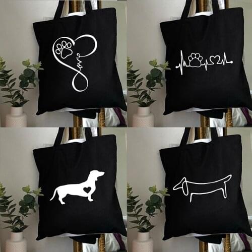 Bag Female Cute Dog Harajuku Fashion Shoulder Bag Lady Shopping Black Bags Canvas Tote Bag Reusable Casual Travel Bags for Women