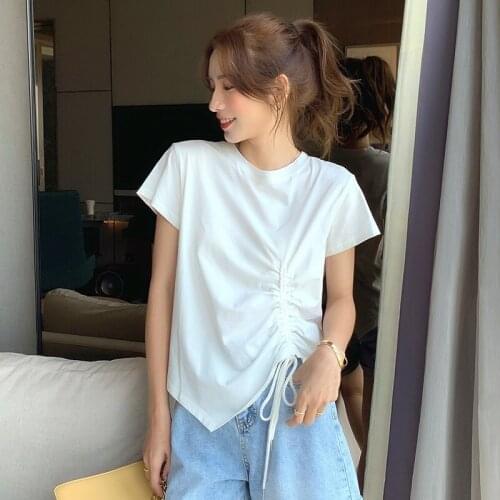 Ladies Solid Color T Shirt 2020 Summer T-shirt Womens Top Irregular Cotton T-shirt Drawstring Top INS