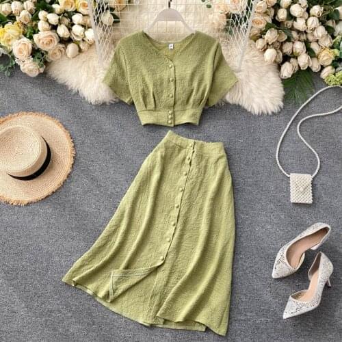 Womens Elegant Skirts 2 Piece Sets V Neck Single Breasted T-Shirt Midi Skirt Female Set Summer Korean Chic Green Ladies Suit