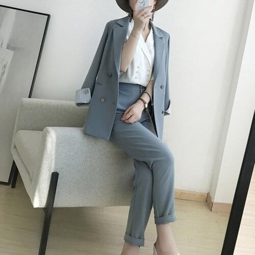 Womens suits 2019 autumn new womens temperament double-breasted pink large size suit jacket casual feet pants set two-piece