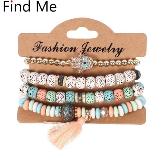 Find Me Ethnic Multilayer Color Beads Bracelets Bohemian Flower Tassel Flexible Bracelets for Women Fashion Jewelry Accessories