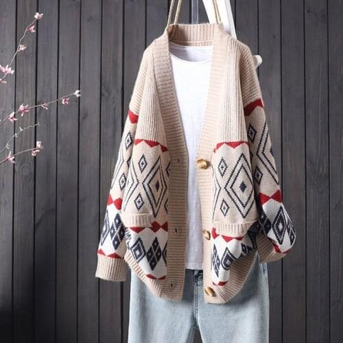 National style autumn and winter new diamond knitted sweater women 2021 retro jacquard long-sleeved v-neck cardigan jacket