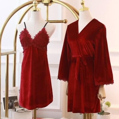 Burgundy Bride Wedding Kimono Gown Sexy Lace Patchwork Velour Robe Sets 2PCS Women Autumn Winter Sleepwear V-Neck Warm Homewear