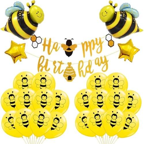 1set Cartoon Yellow Animals Latex Balloons Insect Foil Balloon Happy Birthday Banner Set for Baby Shower Kids Party Supplies Toy