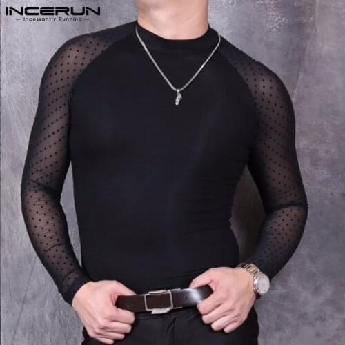 2021 Fashion Men Mesh Patchwork T Shirt Streetwear O Neck Long Sleeve See Through Tops Party Nightclub Sexy Camisetas INCERUN