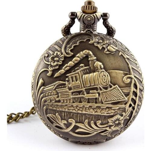 Retro Bronze Pocket Watch Vintage Train Pattern No-Waterproof Quartz Nurse Watch Pocket Watch Chain Fob Watch for Women Men
