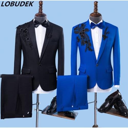Formal Mens Suit Wedding Suits Groom Banquet Dress Chorus Tuxedo Performance Costume Black Blue Applique Blazers Pants Slim Set