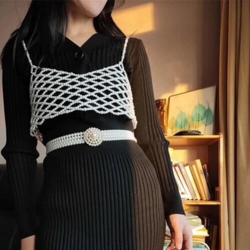 Elegant Knitted Pearls Hollow Crop Top Women Luxury Sexy Outside Beading Tank Tops Camis Vadim Streetwear Clothes