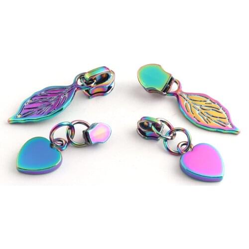 6mm/4mm Inner Size Zipper Heads Leaf-Shaped Heart-Shaped Rainbow Zinc Alloy Accessories for Bags Clothes Shoes Handbags Purse