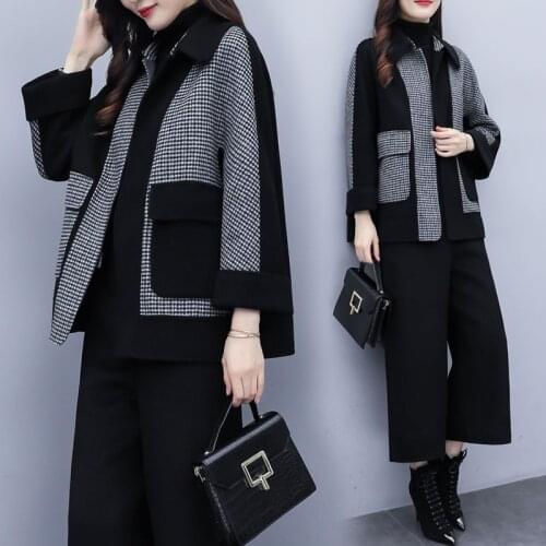 Woolen Jacket Women 2 Piece Set Wide Leg Pants Suit Elegant Autumn Winter Clothing Office Lady Vintage Plaid Wool Coat Trousers
