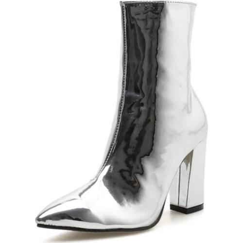 Patent Leather Boots Heels Women Pointed Toe Footwear Female Boots Punk Shoes Woman 2021 New Autumn Ankle Boots Zipper