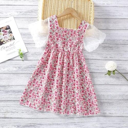 Summer Girls Floral Dress 2021 New Mesh Puff Sleeve Kids Party Clothes for 2 3 4 5 6 Year Girl Toddler Children Princess Outfits