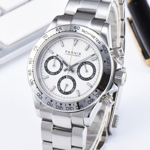 New PARNIS 39MM White Dial Quartz Men 's Watch Chronograph Waterproof Silver Stainless Steel Band Mens Watches uhren herren 2019