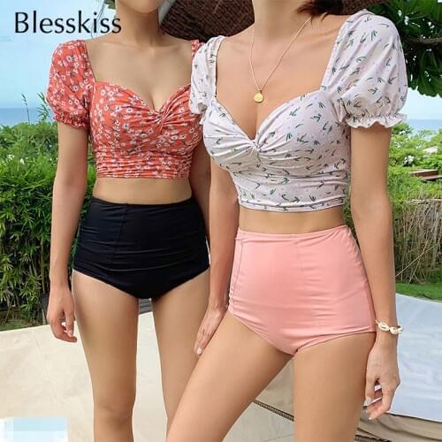 Blesskiss New 2020 High Waist Bikini Women Off Shoulder Halter Push Up Swimsuit Female Printed Two Piece Bathing Suit Swimming