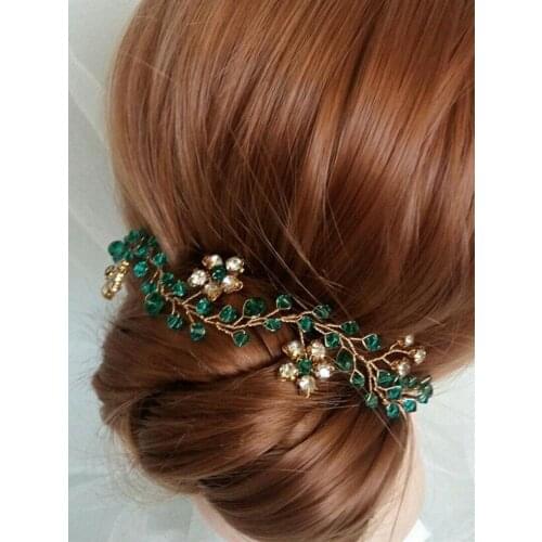 Golden Floral Hair Jewelry Ethnic Green Crystal Hair Accessories Shiny Rhinestone Headbands Wedding Bridal Fascinators