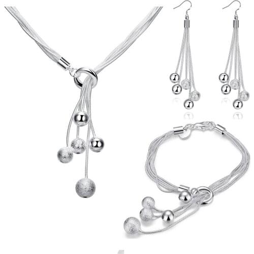 Charm 925 Sterling Silver tassels hanging beads Bracelets necklace earring Jewelry set for Women Fashion Party wedding Gifts